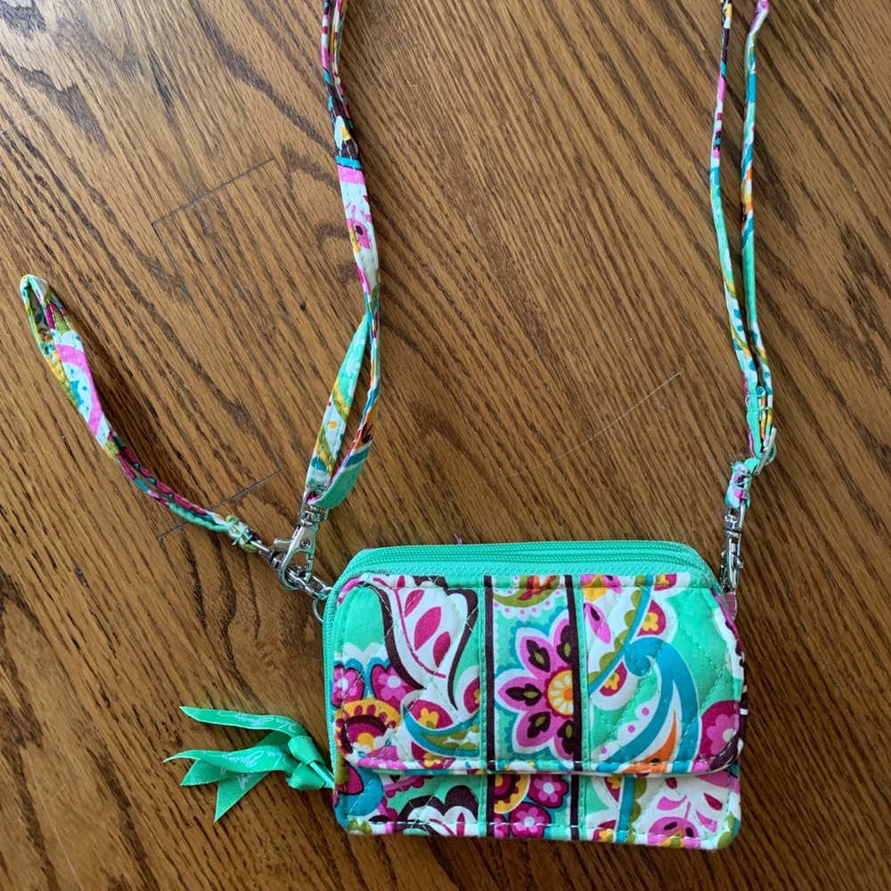 Vera Bradley cross body wallet in mint/hot pink